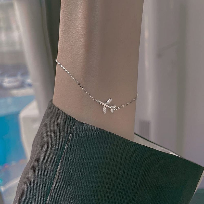 Dtja Crystal Airplane Bracelet for Women Sterling Silver Cute Delicate Fly Plane Adjustable Charm Link Bracelets Airline Jewelry Christmas Gifts Souvenir for Best Friend freedom Lover Wanderlust - Image 3